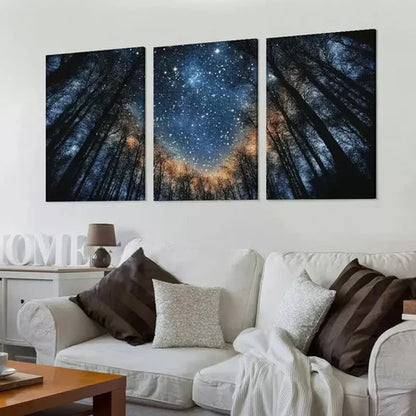 3pcs Modern Blue Starry Night Forest Tree  Art Set Canvas Unframed - High Quality Print 100% Australian Made Wall Canvas