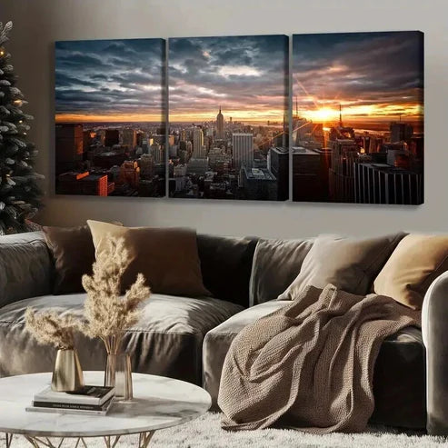 3pcs Vibrant Cityscape Skyscraper Sunset Wall Art Set Canvas Unframed - High Quality Print 100% Australian Made Wall Canvas