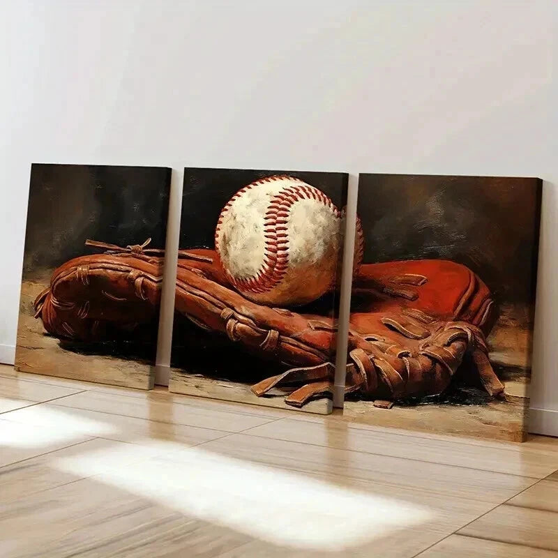 3pcs Vintage Inspired Baseball and Glove Wall Art Set Canvas Framed 50x70cm - High Quality Print 100% Australian Made Wall Canvas Ready to Hang - Bella Home Decor