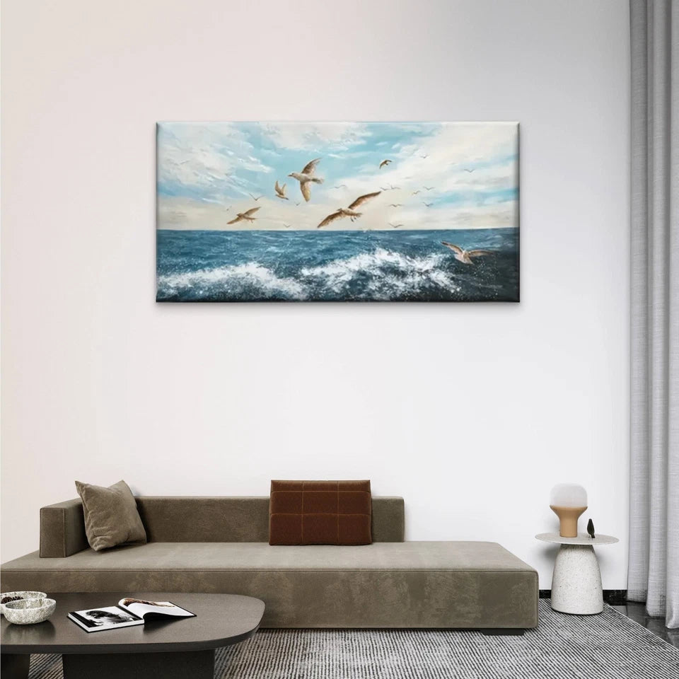 Birds Flying Over The Ocean Wall Art Canvas Office Home Room Framed 120x60cm