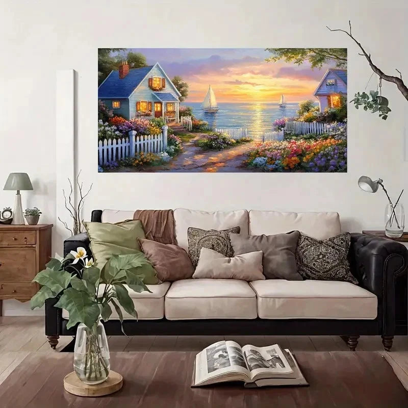 Sunset Coastal Scene Wall Art Canvas Office Home Room Framed 120x60cm