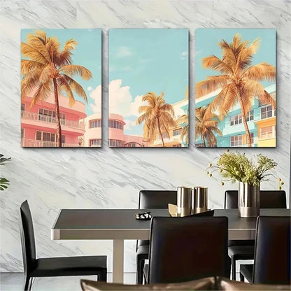 3pcs Pastel Deco And Palm Trees Mount Perfect Wall Art Set Canvas Framed 60x90cm - High Quality Print 100% Australian Made Wall Canvas Ready to Hang