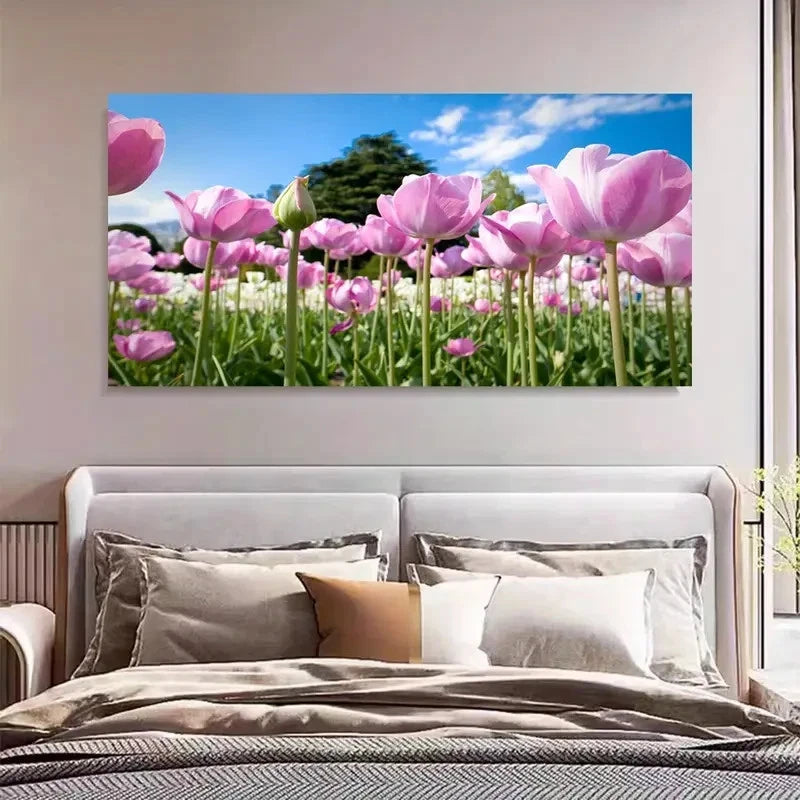 Elegant Pink Tulip Floral Wall Art Canvas Office Home Room Framed 120x60cm - Bella Home Decor