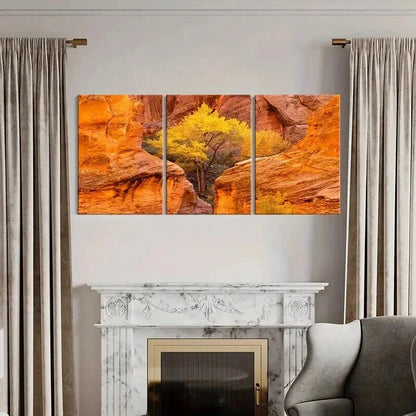 3pcs Autumn Golden Trees on a Valley Wall Art Set Canvas Framed 50x70cm - High Quality Print 100% Australian Made Wall Canvas Ready to Hang - Bella Home Decor