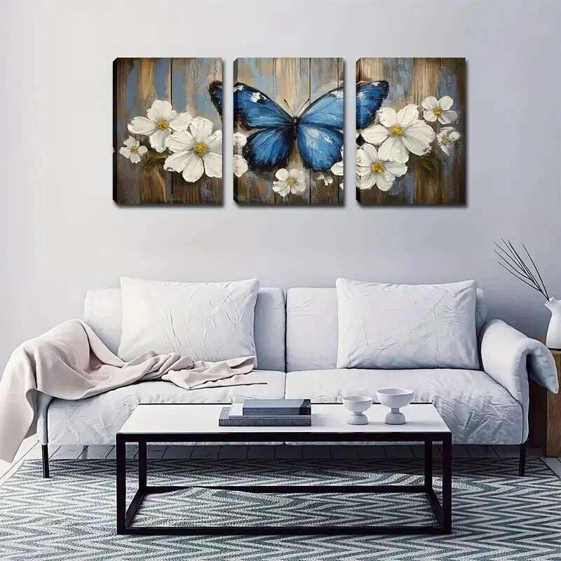 3pcs Blooming Flowers & Blue Butterfly Perfect Wall Art Set Canvas Framed 50x70cm - High Quality Print 100% Australian Made Wall Canvas Ready to Hang - Bella Home Decor