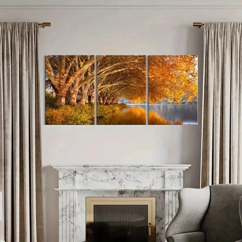 3pcs Featuring a Golden Tree by The Lakeside Wall Art Set Canvas Framed 40x60cm - High Quality Print 100% Australian Made Wall Canvas Ready to Hang - Bella Home Decor