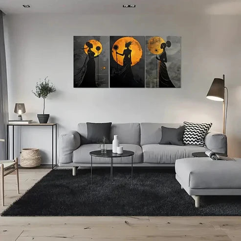 3pcs Golden Moonlit Silhouette Triptych Wall Art Canvas Unframed - High Quality Print 100% Australian Made Wall Canvas - Bella Home Decor
