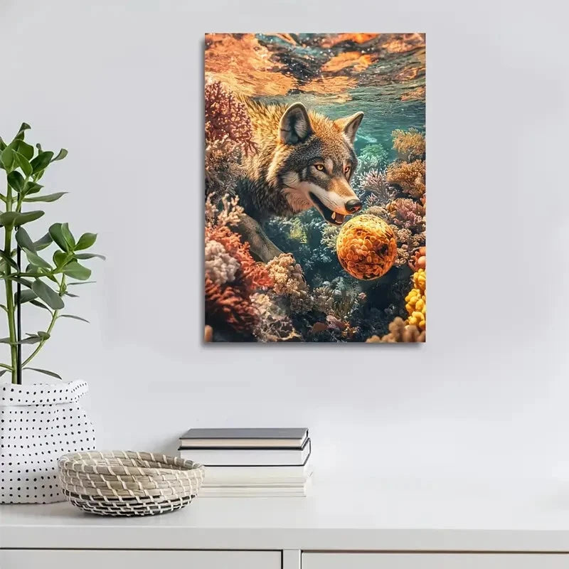 Beautiful Vibrant Wolf & Coral Reef Golden Painting 40x60cm Metal Print Ready to Hang