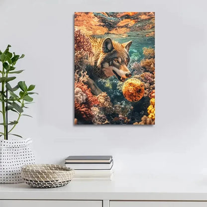 Beautiful Vibrant Wolf & Coral Reef Golden Painting 40x60cm Metal Print Ready to Hang