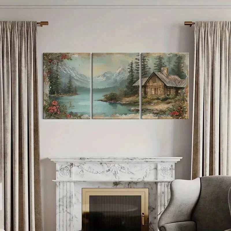 3pcs Rustic Log Cabin Lake View Snowy Mountains Wall Art Set Canvas Framed 60x90cm - High Quality Print 100% Australian Made Wall Canvas Ready to Hang - Bella Home Decor