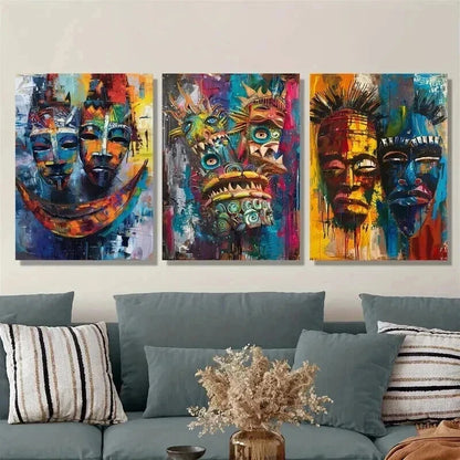 3pcs Abstract Masks Vibrant African Face Wall Art Set Canvas Framed 60x90cm - High Quality Print 100% Australian Made Wall Canvas Ready to Hang