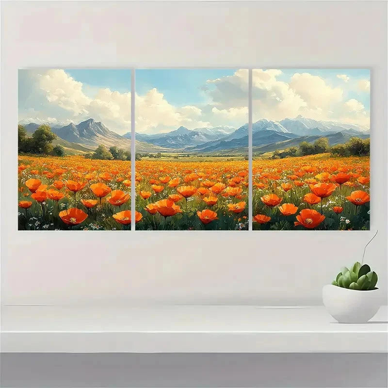3pcs California Poppy Watercolor NM  Wall Art Set Canvas Framed 50x70cm - High Quality Print 100% Australian Made Wall Canvas Ready to Hang - Bella Home Decor