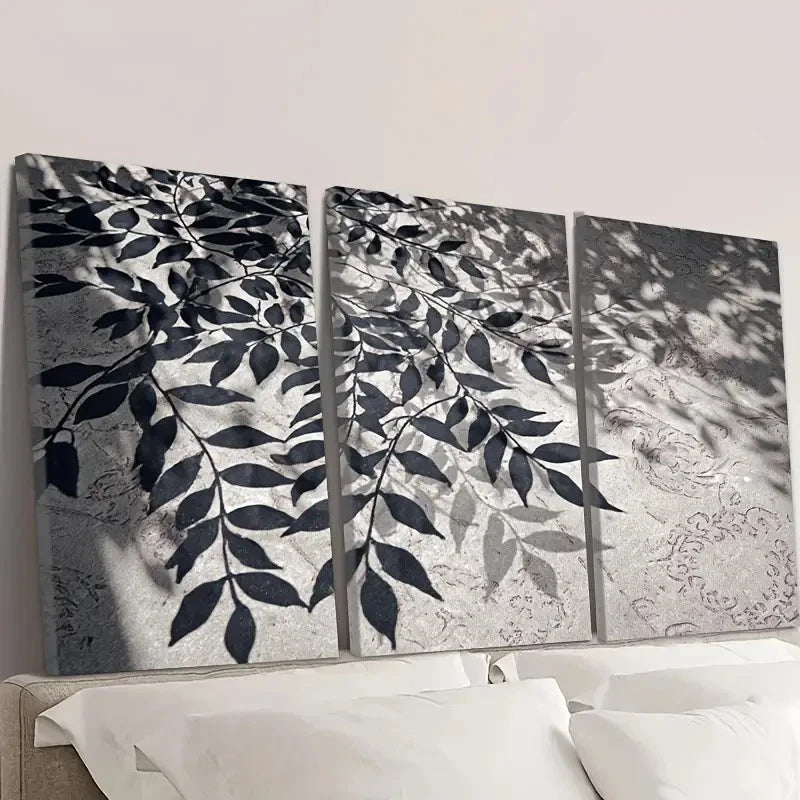3pcs Black & White Leaf Shadow Wall Art Set Canvas Framed 50x70cm - High Quality Print 100% Australian Made Wall Canvas Ready to Hang - Bella Home Decor