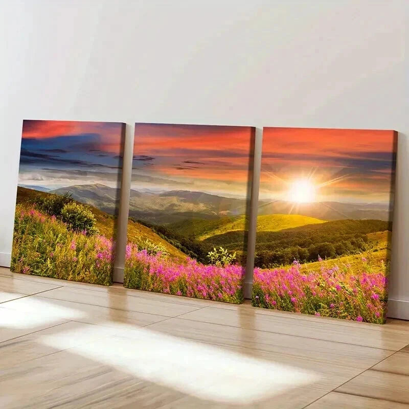 3pcs Mountain Wildflowers and Sunset Wall Art Set Canvas Framed 50x70cm - High Quality Print 100% Australian Made Wall Canvas Ready to Hang - Bella Home Decor