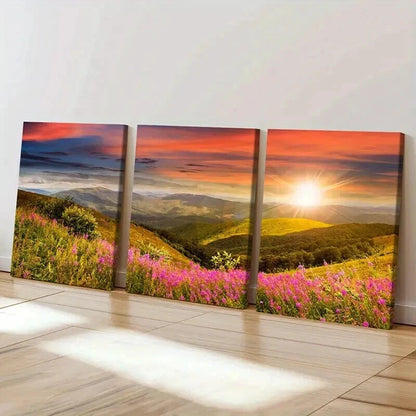 3pcs Mountain Wildflowers and Sunset Wall Art Set Canvas Framed 50x70cm - High Quality Print 100% Australian Made Wall Canvas Ready to Hang - Bella Home Decor