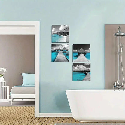 4pcs Turquoise Grey And Teal Ocean Maldives Wall Art Canvas Framed