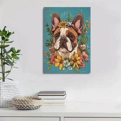 Cute Bulldog with Flowers Vibrant Floral Crown Dog 40x60cm Metal Print Ready to Hang - Bella Home Decor