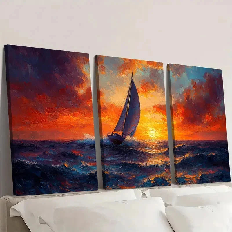 3pcs Sailing Boat Painting Sunset Seascape S Wall Art Set Canvas Framed 40x60cm - High Quality Print 100% Australian Made Wall Canvas Ready to Hang
