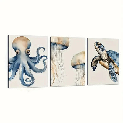 3pcs Octopus and Turtle  Wall Art Set Canvas Framed 60x90cm - High Quality Print 100% Australian Made Wall Canvas Ready to Hang