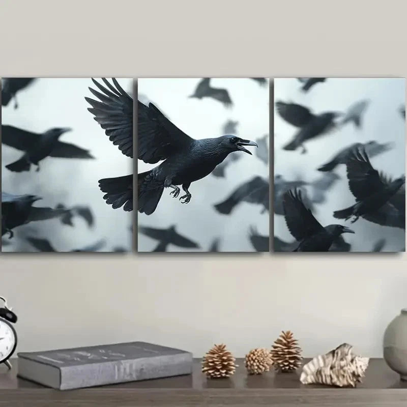 3pcs Featuring a Group of Crows Wall Art Set Canvas Framed 60x90cm - High Quality Print 100% Australian Made Wall Canvas Ready to Hang