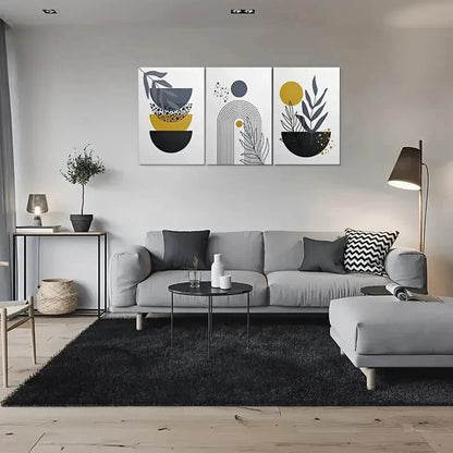 3pcs Minimalist Geometric Pattern Yellow & Black Metal Print Ready to Hang Art