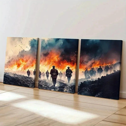 3pcs Warrior March on Fiery Battlefield Wall Art Set Canvas Framed 50x70cm - High Quality Print 100% Australian Made Wall Canvas Ready to Hang - Bella Home Decor