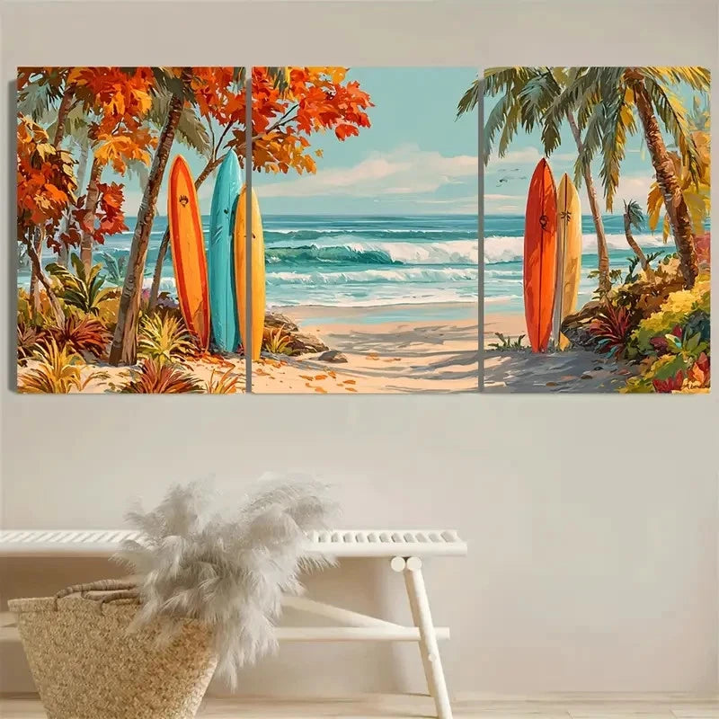 3pcs Autumn Surfboards Beach Wall Art Set Canvas Framed 60x90cm - High Quality Print 100% Australian Made Wall Canvas Ready to Hang - Bella Home Decor