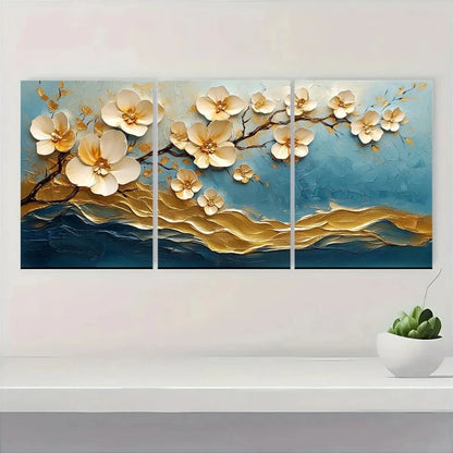 3pcs Modern Abstract Golden White Oil Painting Metal Print Ready to Hang Art - Bella Home Decor