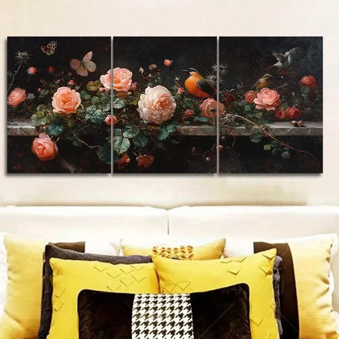 3 PCS Roses, Thistles, And Birds Wall Art Set Canvas Unframed - High Quality Print 100% Australian Made Wall Canvas - Bella Home Decor