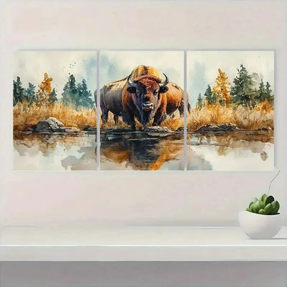 3pcs Yellowstone National Park Bison a   Wall Art Set Canvas Framed 50x70cm - High Quality Print 100% Australian Made Wall Canvas Ready to Hang - Bella Home Decor