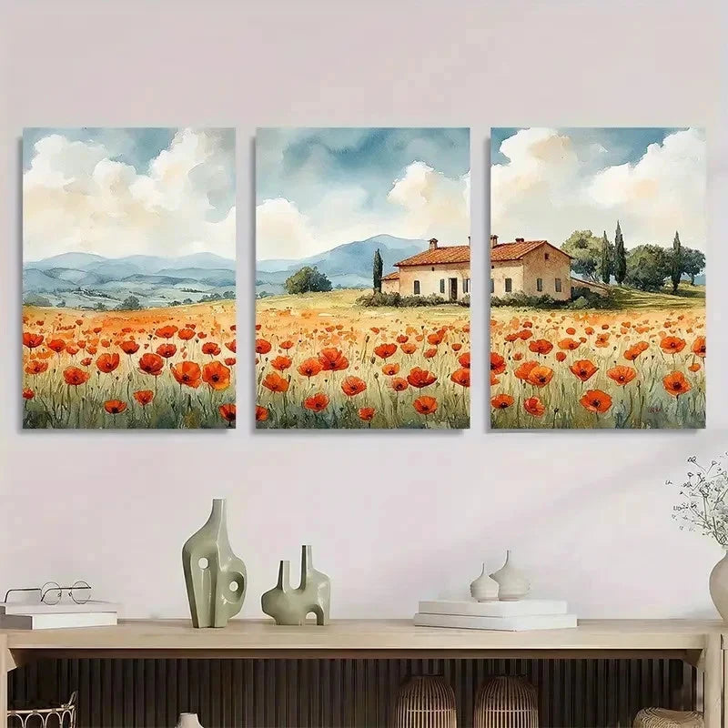 3pcs Tuscany Wildflower Poppies Field Perfect Wall Art Set Canvas Framed 50x70cm - High Quality Print 100% Australian Made Wall Canvas Ready to Hang