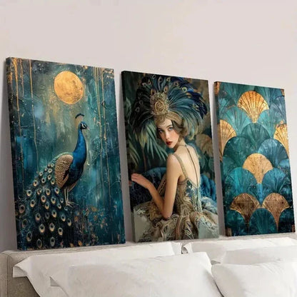 3pcs Gatsby Girl Peacock Full Moon  Wall Art Set Canvas Unframed - High Quality Print 100% Australian Made Wall Canvas - Bella Home Decor
