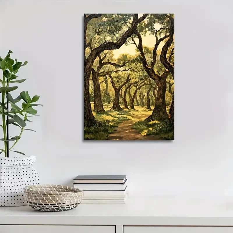 Flourishing Oak Forest Scene with Sunlit Trees & Lush 40x60cm Metal Print Ready to Hang - Bella Home Decor