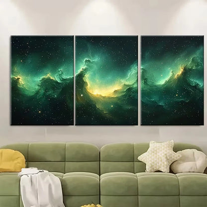 3pcs Vibrant Green Abstract Starry Night Metal Print Ready to Hang Art - Bella Home Decor
