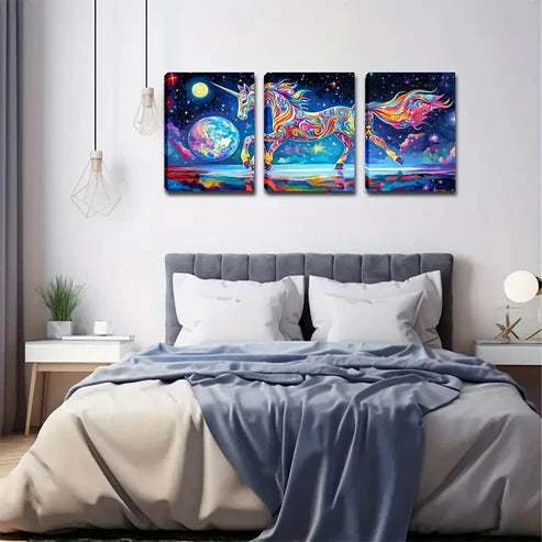 3pcs Celestial Horse Design Wall Art Set Canvas Unframed - High Quality Print 100% Australian Made Wall Canvas - Bella Home Decor