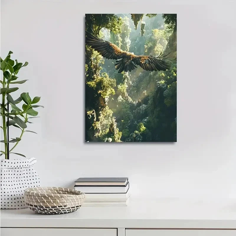Cyberpunk Eagle in Jungle Golden Hour Painting 40x60cm Metal Print Ready to Hang - Bella Home Decor