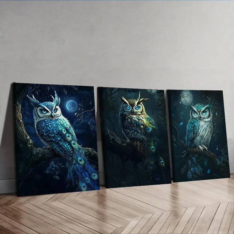 3pcs Featuring a Wise Owl Wall Art Set Canvas Framed 60x90cm - High Quality Print 100% Australian Made Wall Canvas Ready to Hang
