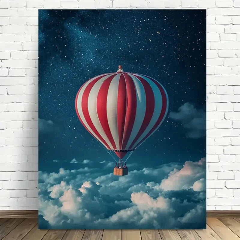 Beautiful Night Sky Balloon Adventure Modern Painting 40x60cm Metal Print Ready to Hang - Bella Home Decor