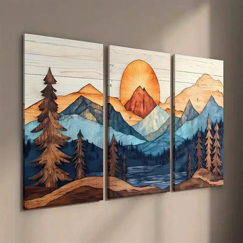 3pcs Wood Style Mountains Landscape Wall Art Set Canvas Unframed - High Quality Print 100% Australian Made Wall Canvas