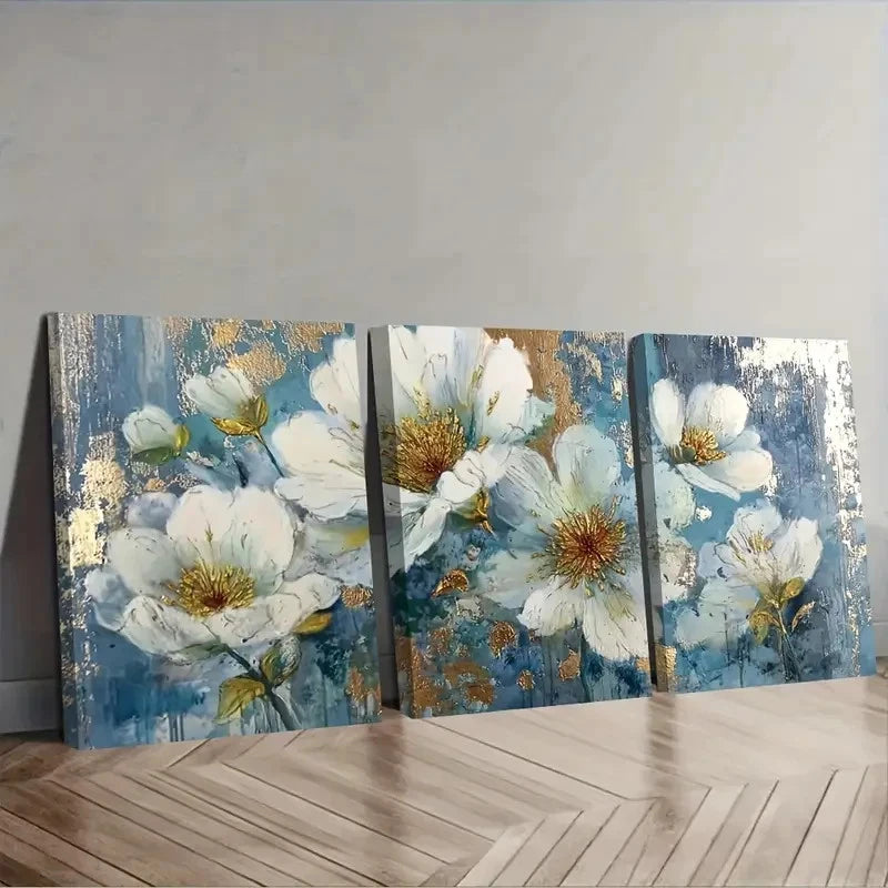 3pcs White Flowers With Blue Accents Wall Art Set Canvas Framed 50x70cm - High Quality Print 100% Australian Made Wall Canvas Ready to Hang