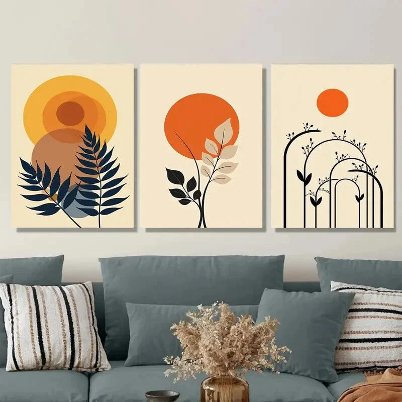 3pcs Modern Abstract Botanical Nature Yellow Metal Print Ready to Hang Art