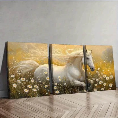 3pcs White Horse Running in Meadow Wall Art Canvas Unframed - High Quality Print 100% Australian Made Wall Canvas