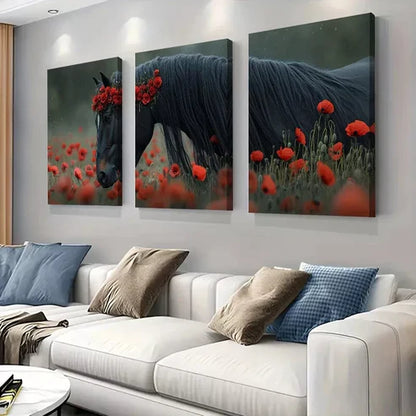 3pcs Elegant Poppy Field Majestic Black Horse Wall Art Set Canvas Unframed - High Quality Print 100% Australian Made Wall Canvas