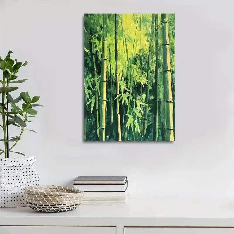 Vibrant Green & Yellow Bamboo Stalks Painting 40x60cm Metal Print Ready to Hang - Bella Home Decor