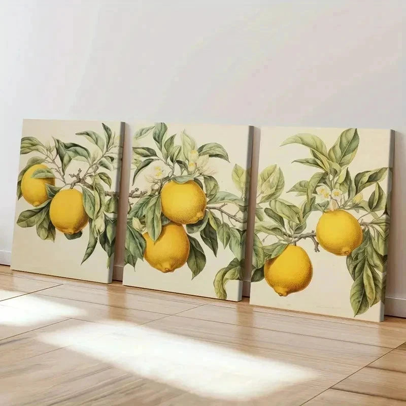 3pcs Vintage Lemon & Blossom Painting Wall Art Set Canvas Framed 40x60cm - High Quality Print 100% Australian Made Wall Canvas Ready to Hang