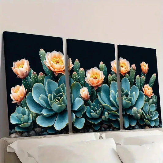 3pcs Cactus Floral Botanical Photography DS Wall Art Set Canvas Framed 50x70cm - High Quality Print 100% Australian Made Wall Canvas Ready to Hang