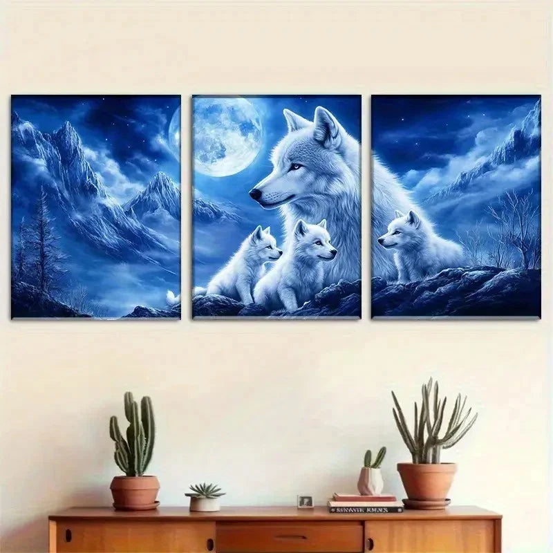 3pcs Moonlit Wolf Family MWF  Wall Art Canvas Framed 40x60cm - High Quality Print 100% Australian Made Wall Canvas Ready to Hang