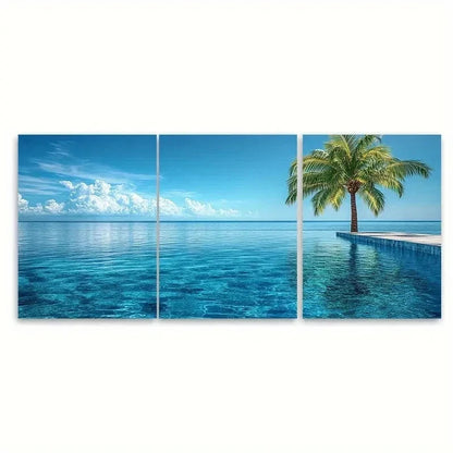 3pcs Tranquil Palm Tree Infinity Pool   Wall Art Set Canvas Framed 40x60cm - High Quality Print 100% Australian Made Wall Canvas Ready to Hang