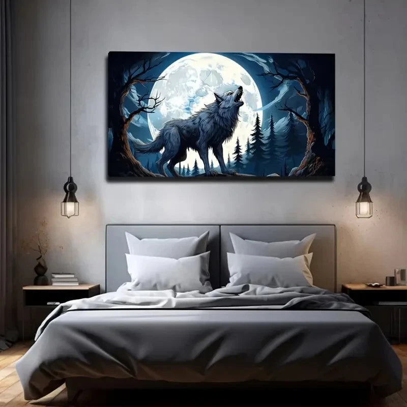 Wolf & Moon Modern Wilderness Wall Art Canvas Office Home Room Framed 120x60cm