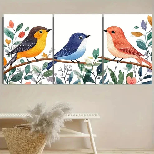 3pcs Colorful Songbirds on Branch with Lush Wall Art Set Canvas Unframed - High Quality Print 100% Australian Made Wall Canvas - Bella Home Decor